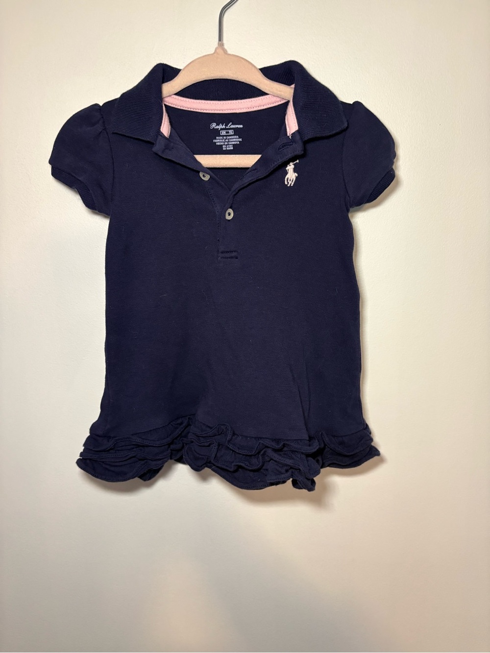 Ralph Lauren Navy Polo Top with Pink Trim & Ruffle Hem